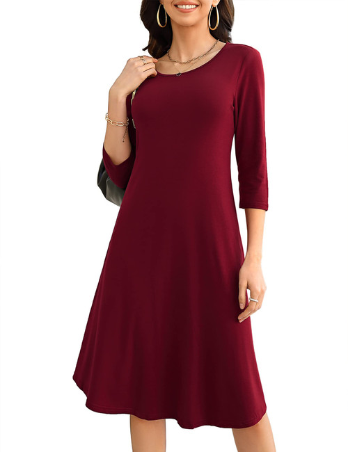 MISSKY 3 4 Sleeve Dress for Women Scoop Neck Pockets Midi Loose Swing Casual Dress(L,Wine)
