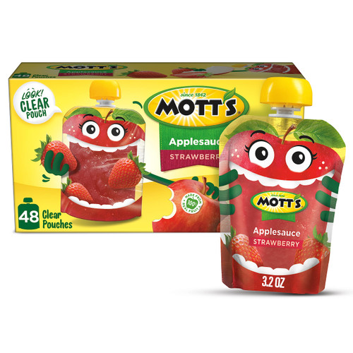 Mott's Strawberry Applesauce, 3.2 Ounce Clear Pouch, 12 Count (Pack of 4), Perfect for on-the-go, Gluten Free and Vegan Mott's Strawberry Applesauce, 3.2 Ounce Clear Pouch, 12 Count (Pack of 4), Perfect for on-the-go, Gluten Free and Vegan