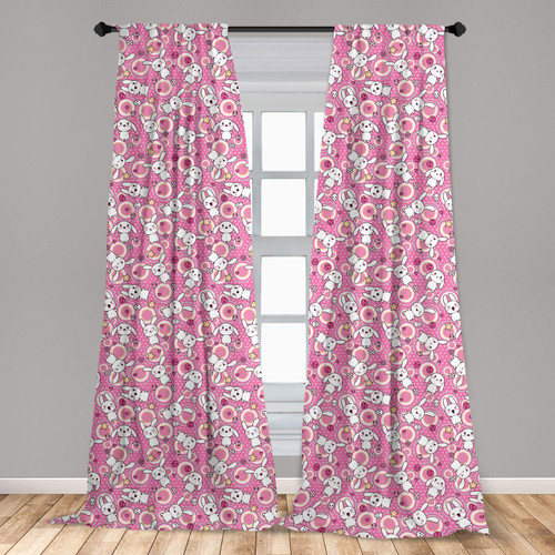 Ambesonne Anime Window Curtains, Funny Kawaii Illustration Rabbits Funky Animals Bunnies Humor Print, Lightweight Decor 2-Panel Set with Rod Pocket, Pair of - 28" x 84", White Pink