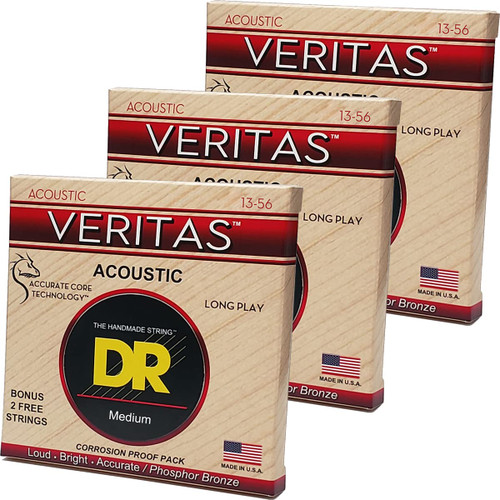DR Veritas Coated Core Technology Acoustic Guitar Strings, Medium 13-56, 3-Pack