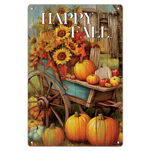 Customized Metal Sign Happy Fall Man Cave Decor Garage Signs for Living Room Laundry Porch Hello Fall Pumpkin Leaves Art Poster Gift for Coffee Bar 12x18in