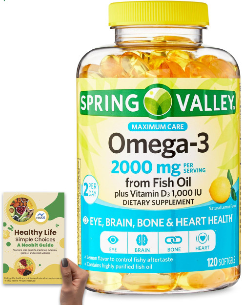 Spring Valley Maximum Care Omega-3 Fish Oil, 2000 mg + Vitamin D3, 1000 IU, 120 Softgels - Eye, Brain, Bone & Heart Health Support - Bundle with 'Healthy Life, Simple Choices: Guide' (2 Items)