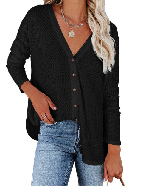 Newffr Women's V Neck Waffle Knit Blouses Button Down Shirts Casual Long Sleeve Tunic Cardigan Tops Black