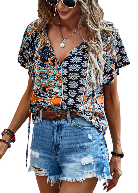 Angashion Women's Summer Tops Casual Floral Print V Neck Ruffle Short Sleeve Loose Tunic T Shirt Blouse Navy Blue L Angashion Women's Summer Tops Casual Floral Print V Neck Ruffle Short Sleeve Loose Tunic T Shirt Blouse Navy Blue L