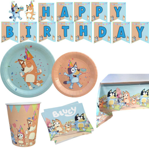 LEENAH DESIGNS bluey birthday party decorations. Bluey birthday party supplies. Bluey birthday decorations includes 16 dinner plates, desserts plates, cups, napkins, tabelcloth, banner LEENAH DESIGNS bluey birthday party decorations. Bluey birthday party supplies. Bluey birthday decorations includes 16 dinner plates, desserts plates, cups, napkins, tabelcloth, banner