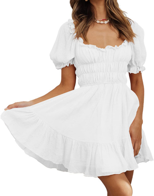 Merzhiiry Womens Square Neck High Waist Puff Sleeve Dress Casual Swing Tiered Skater Ruffle Smocked Flowy A Line Sun Short Dresses White M