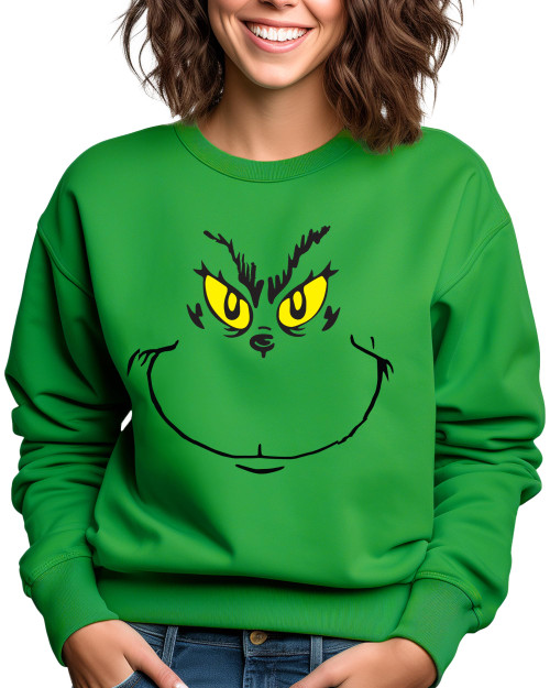 Asher's Apparel Funny Christmas Crewneck Sweatshirt | Ugly Christmas Sweater | Grinch Face Sweatshirt | Adult Unisex Sizing (Medium, Green)
