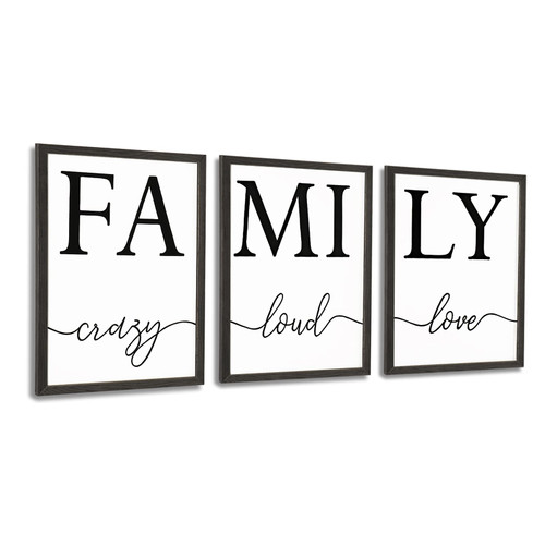 Mokof Farmhouse Family Wall Art Set of 3 - Rustic Wood Framed Wall Decor for Living Room, Family Signs Prints on Wood (Not Print Paper) 12"x16" (3 Panels)