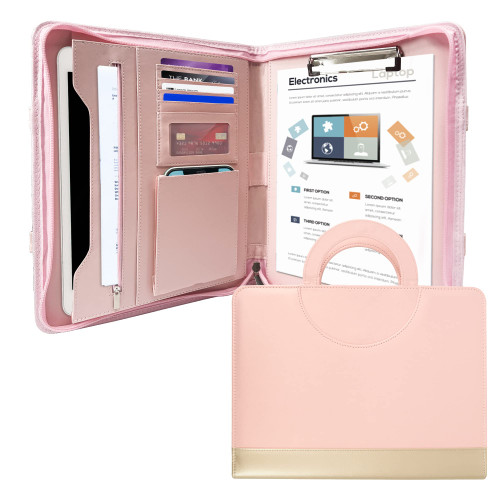 GraduationMall Zippered Leather Padfolio Portfolio with Hidden Handle Business Portfolio Organizer Notepad Folder Portfolio Bag for Women Pink