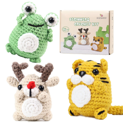 DeziWood Crochet Animal Kit for Beginners, Crochet Starter Kit with Step-by-Step Video Tutorials, Learn to Crochet Kits for Adults and Kids, DIY Knitting Supplies (Elk+Frog+Tiger)