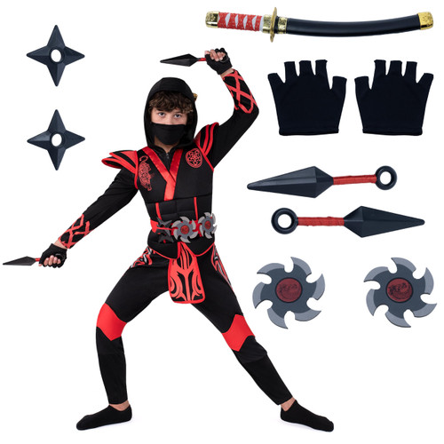 Spooktacular Creations Ninja Costume for Kids, Boy Red Ninja Onery costume for Halloween Dress Up Party, Ninja Role Playing (Medium (8-10yr))