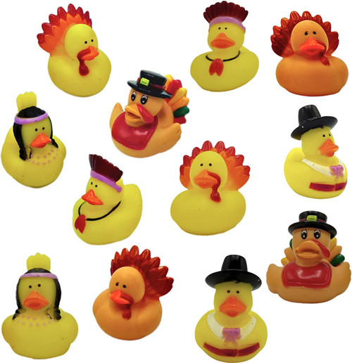 Thanksgiving Rubber Duckies (12 Pack) Thanksgiving Themed Rubber Ducks Turkey & Pilgrim Ducks, Thanksgiving Party Favors Supplies for Kids, Table Centerpiece Vinyl 2.5" - by 4E's Novelty