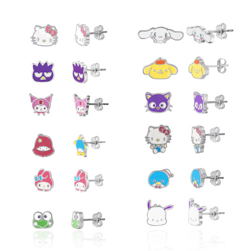 Sanrio Girls Hello Kitty Stud Earrings Pack of 12 Pairs - Official License Hello Kitty and Friends Earrings for Daily Wear