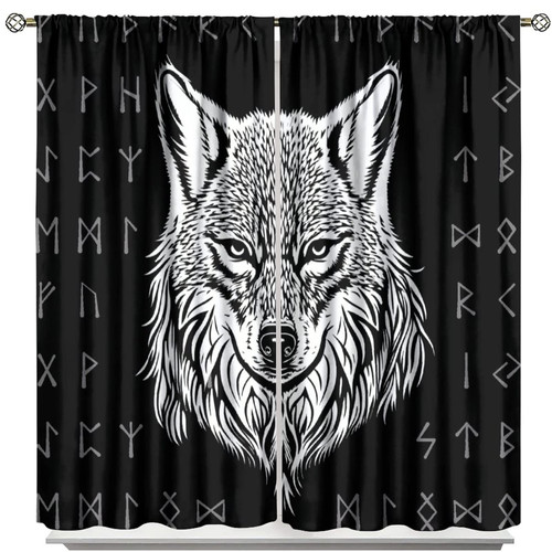 Viking Wolf Curtains,Meditation Runes Ancient Art Window Drapes,Black White Mystical Rune Totem Norse Mythology Window Treatment for Living Room Mens Bedroom 42x45 Inch