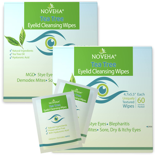 NOVEHA 2PK Tea Tree Oil Eyelid & Lash Wipes | With Hyaluronic Acid, Green Tea & Chamomile For Blepharitis & Itchy Eyes, Individually Wrapped Eyelash Wipes Natural Makeup Remover & Daily Cleanser