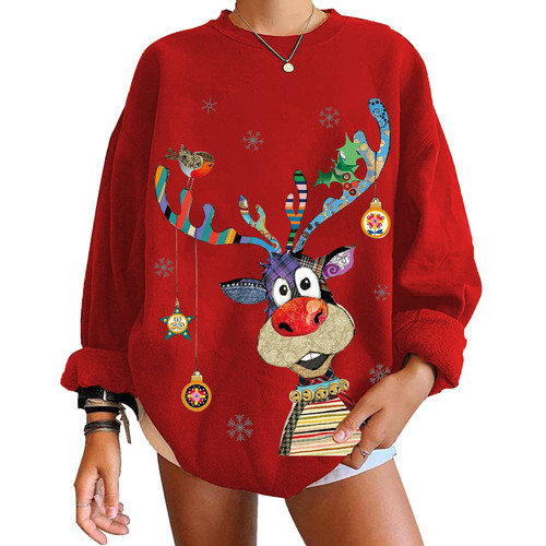 Ugly Christmas Sweaters for Women Loose Sweatshirt Reindeer Print Long-Sleeve Shirt Crew Neck Pullover Sweater for Unisex Red