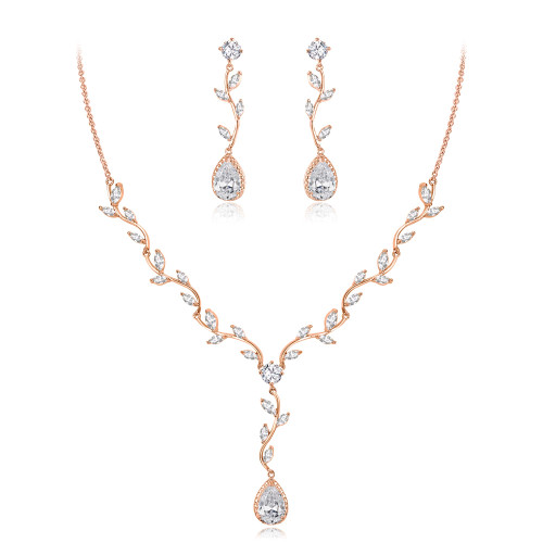 Crysdue Wedding Bridal Jewelry Set for Brides Bridesmaids Teardrop Marquise Cubic Zirconia Flower Leaf Vine Necklace Earrings Set for Prom Party Clear Clear Rose Gold-Tone