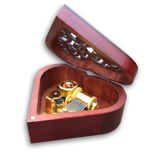 BinkeGG Brown Wooden Heart Hollow Out Music Box with Sankyo Musical Movement (60 Tunes Option) (What a Wonderful World)