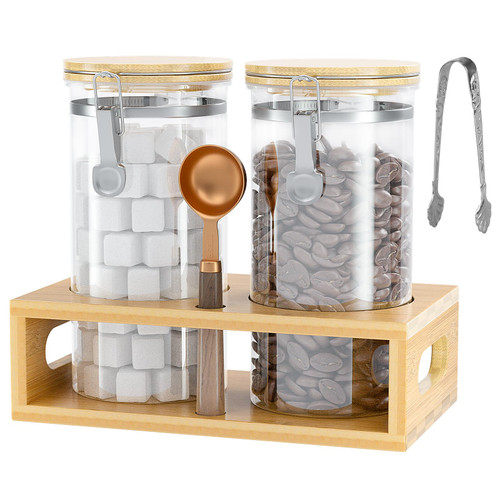 BulkPanda Glass Coffee Ground Containers with Shelf, 2Pcs 50 OZ Coffee Bean Canister Storage with Airtight Locking Clamp Lid Spoon, Suger Storage Coffee Jars Sets for Kitchen