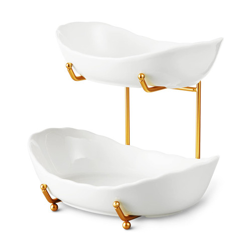 HOMKULA Fruit Bowl for Kitchen Counter - 2 Tier Ceramic Serving Bowls with Metal Stand, Tiered Fruit Basket for Fruit Vegetable Storage, Snack, Nuts, Cake, Dessert (Gold&White)