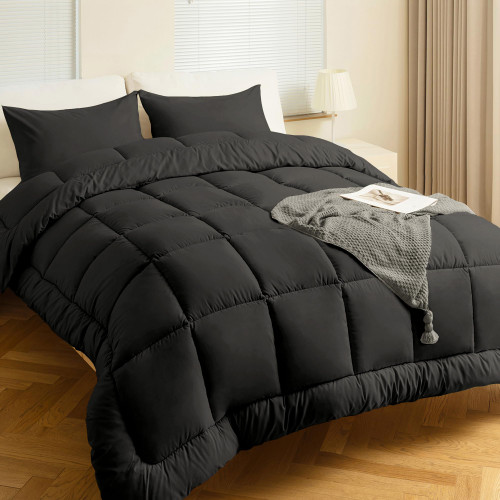 ELNIDO QUEEN Queen Comforter Set, 3 Pieces Black Queen Size Bedding Sets for All Seasons, Lightweight Down Alternative Bed Comforter (88"x90") and 2 Pillowcases (20"x26")