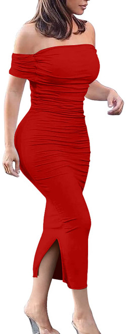 GOBLES Women's Ruched Off Shoulder Short Sleeve Bodycon Club Cocktail Party Midi Dress Red GOBLES Women's Ruched Off Shoulder Short Sleeve Bodycon Club Cocktail Party Midi Dress Red