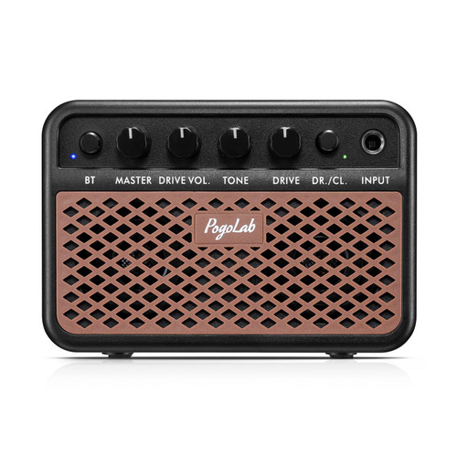 POGOLAB Mini Guitar Amp, 5W Small Portable Electric Guitar Amplifier, Clean & Drive Effects 2 Channels, Rechargeable Bluetooth Speaker with Headphone Jack, for Daily Guitar Practice (Brown)