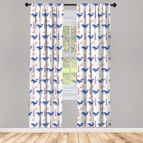 Ambesonne Nautical Blue Window Curtains, Marine Themed Pattern of Whale Lighthouse and Starfish, Lightweight Decor 2-Panel Set with Rod Pocket, Pair of - 28" x 84", Blue Ceil