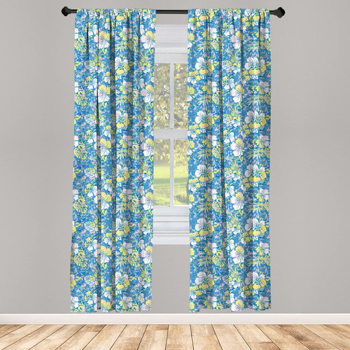 Ambesonne Camouflage Window Curtains, Hawaiian Pattern Exotic Tropical Hibiscus Flowers Foliage Abstract Nature, Lightweight Decor 2-Panel Set with Rod Pocket, Pair of - 28" x 84", Blue Yellow Pink