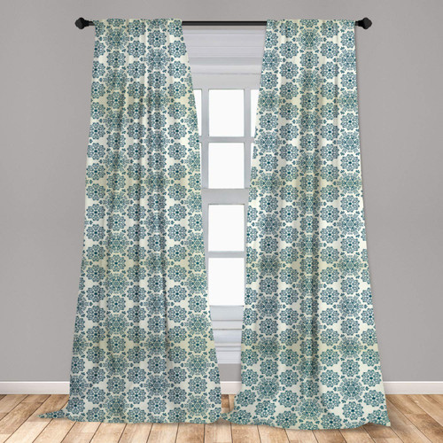 Ambesonne Winter Curtains, Mandala Style Floral Round with Damask Elements Retro Graphic Ornaments, Window Treatments 2 Panel Set for Living Room Bedroom, Pair of - 28" x 84", Teal Cream