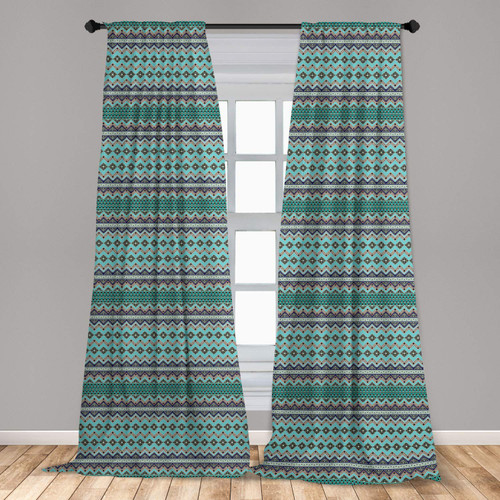Ambesonne Bohemian Window Curtains, Traditional Geometrical Aztec Motifs Zig Zags and Triangle Ornaments, Lightweight Decor 2-Panel Set with Rod Pocket, Pair of - 28" x 84", Green Teal