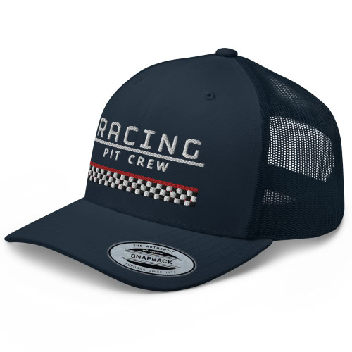 RIVEMUG Racing Pit Crew Trucker Hat Checkered Flag Race Mid Crown Curved Bill Snapback Meshback Cap Navy