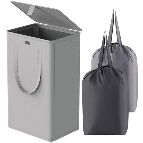 WOWLIVE 100L Laundry Hamper with Lid, Large Foldable Laundry Basket with 2 Removable Bags and Handles, Tall Collapsible Dirty Clothes Hamper for Laundry Room, Bathroom, Dorm (Grey) WOWLIVE 100L Laundry Hamper with Lid, Large Foldable Laundry Basket with 2 Removable Bags and Handles, Tall Collapsible Dirty Clothes Hamper for Laundry Room, Bathroom, Dorm (Grey)