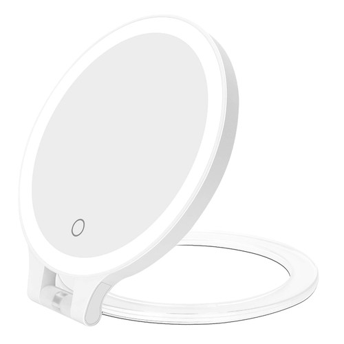 deweisn Magnifying Mirror 5X/1X, Double Sided Tabletop Mirror with Adjustable Folding Handle, Cosmetic Mirror with Lights for Makeup/Travel,Tweezing-3 Colors Light
