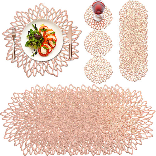 CHENGU 40 Pcs Round Pressed Vinyl Placemats Metallic Place Mat Coaster Set Including Placemats and Coasters Non Slip Heat Resistant Washable Table Mats for Dining Table Kitchen Decoration (Rose Gold)