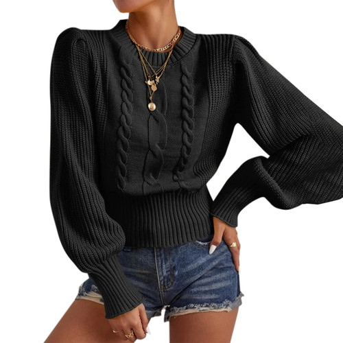 ZAFUL Women's Cable Knit Lantern Sleeve Sweater Cropped Pullover Jumper Tops Black