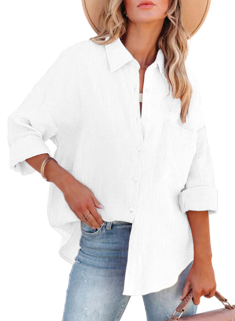 ARTFREE Womens Long Sleeve Button Down Shirts Classic Loose Fit Casual Work Oversized Boyfriend Blouse Tops White