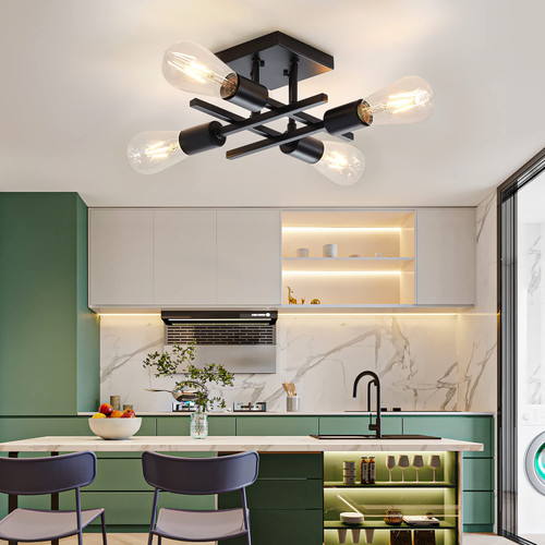 Eietonte Industrial 4-Light Semi Flush Mount Ceiling Light Fixture, Farmhouse Black Chandelier Lighting, Modern E26 Base Sputnik Ceiling Lamp for Kitchen Bedroom Living Room Hallway Entryway