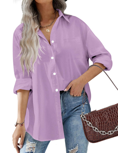 HOTOUCH Women Collar Shirt Casual Button Up Blouse Office Boyfriend Long Sleeve Tops with Pockets Purple XL