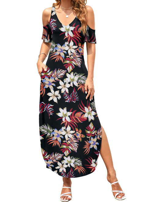 HUSKARY Women's Summer Maxi Dresses V Neck Cold Shoulder Short Sleeve Casual Loose Long Split Dress with Pocket White Flower