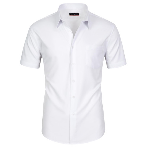 FAHIZO Men's Short Sleeve Dress Shirt Regular Fit Soild Casual Business Stretch Button Down Shirts with Pocket, White-L