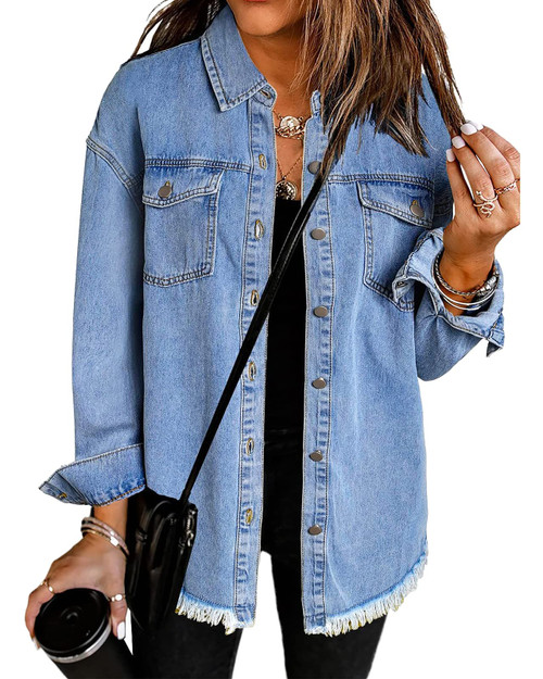 Vetinee Women's Tops for Women Oversized Boyfriend Wave Blue Front Button Up Frayed Raw Hem Long Sleeve Pockets Denim Jean Jacket Shacket Medium Size 8 Size 10