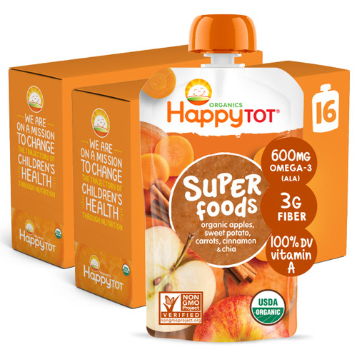HAPPYTOT Organics Super Foods Stage 4, Apples, Sweet Potatoes, Carrots & Cinnamon + Super Chia, 4.22 Ounce Pouch (Pack of 16)
