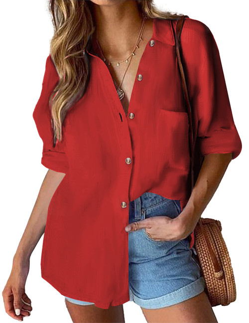 HOTOUCH Long Sleeve Button Down Shirts for Women Lightweight Linen Shirt Casual Button Up Business Blouse Red M HOTOUCH Long Sleeve Button Down Shirts for Women Lightweight Linen Shirt Casual Button Up Business Blouse Red M