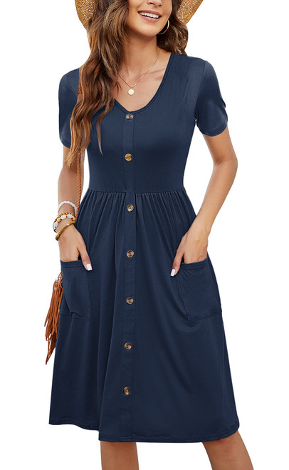 MOLERANI Women Summer Casual Short Sleeve Dresses Button Down Dress with Patch Pockets,Navy Blue,M MOLERANI Women Summer Casual Short Sleeve Dresses Button Down Dress with Patch Pockets,Navy Blue,M