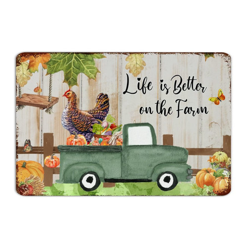 Autravelco Life Is Better on The Farm Aluminum Metal Sign Country Patio Coffee Bar Living Room Room Decor for Men Metal Tin Sign Thanksgiving Pumpkin Harvest Aluminum Metal Sign for Cabin 12x18 Inch