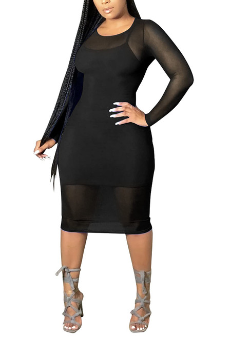LVCENG Mesh Dress See Through Sheer Bodycon Club Dress for Women Sexy Clubwear Slip Dress Mesh Cover Ups Small Black