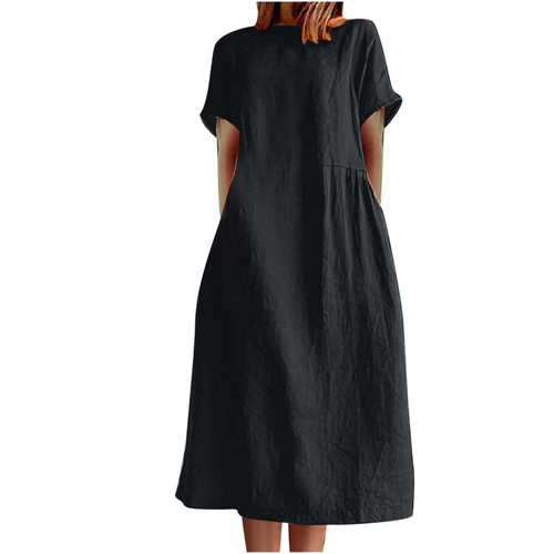 Women's Casual Cotton Linen Maxi Dress Crew Neck Summer Short Sleeve T Shirt Dress Loose Linen Dresses with Pockets Dresses for Women Summer 2023 Vestidos De Verano para Black