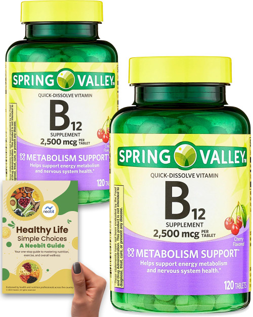 Spring Valley Quick-Dissolve Vitamin B12 Tablets, 2,500 Mcg, 120 Count (Pack of 2), 8 Months Supply, Natural Cherry Flavor, Supports Energy Metabolism + 'Healthy Life, Simple Choices: Guide' (3 Items)