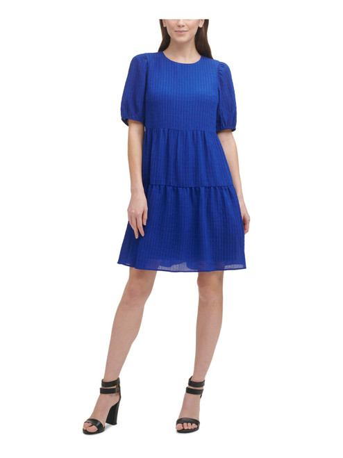 DKNY Womens Blue Stretch Textured Sheer Lined Elbow Sleeve Crew Neck Above The Knee Party Shift Dress 4